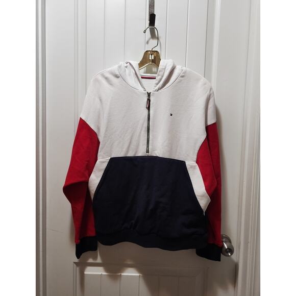Tommy Hilfiger Sweatshirt Women's L Red White Blue Hooded 1/4 Zip Pullover - Picture 1 of 7